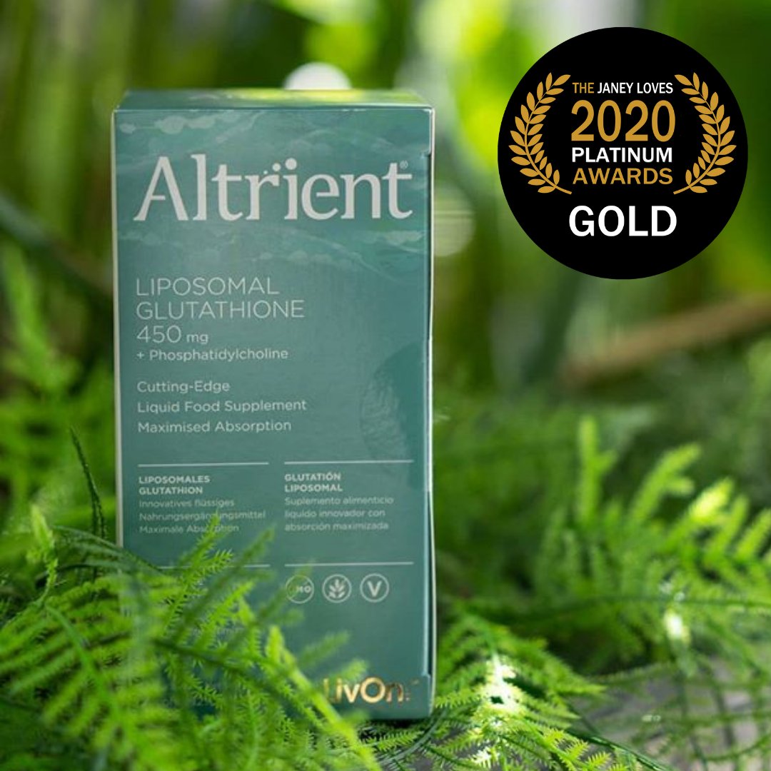 Altrient's tweet photo. We are delighted to announce that Altrient Liposomal Glutathione won a Gold Award in the Janey Lee Grace 2020 Platinum Awards for VITAMINS AND SUPPLEMENTS🏆
#platinumawards #awardwinning #janeyloves #supplements #cforyourself #organicbeauty #altrient https://t.co/b3UCSzww7w