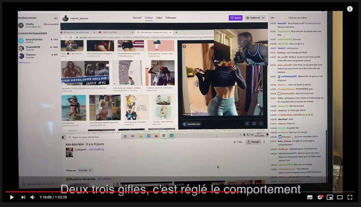 Il parle de son physique en la sexualisant a outrance. (sur ses lives twitch) en montrant des photos d'elle. Il dit que si on sort de son comportement (qu'on peut régler en la frappant) elle est baisable.