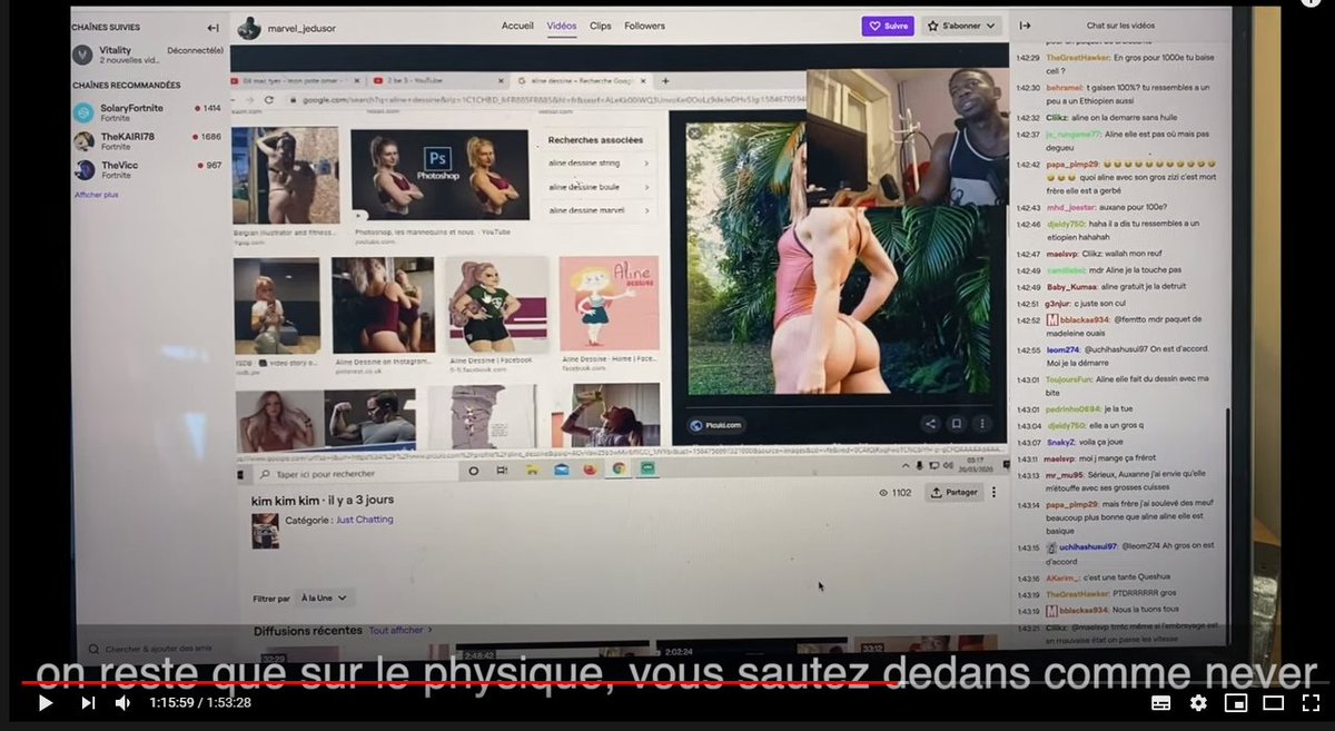 Il parle de son physique en la sexualisant a outrance. (sur ses lives twitch) en montrant des photos d'elle. Il dit que si on sort de son comportement (qu'on peut régler en la frappant) elle est baisable.