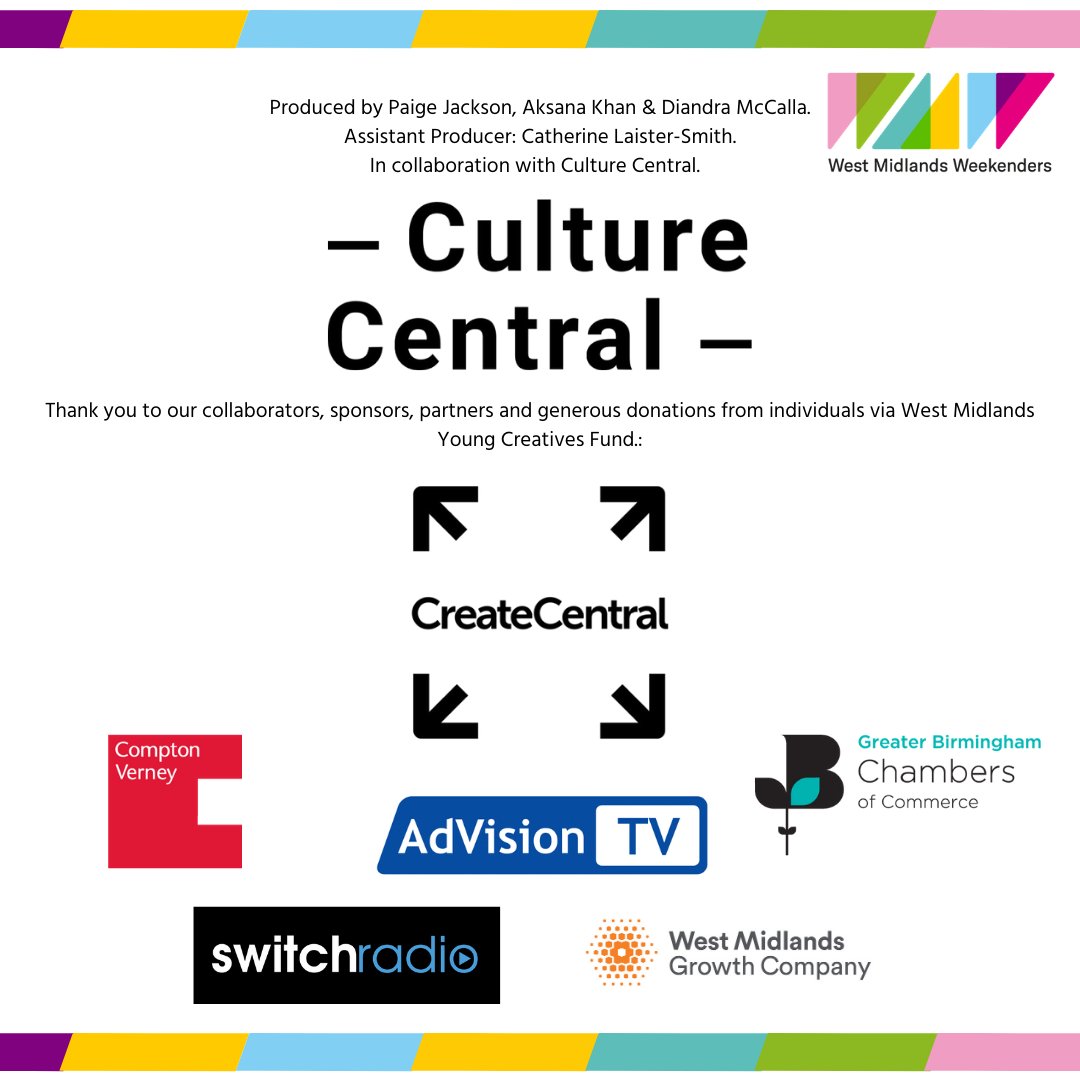 A HUGE thank you to everyone who& #39;s supporting the Festival, including everyone who donated to the West Midlands Young Creatives Fund, and our wonderful partners and supporters  @CreateCentralUK,  @GrBhamChambers,  @ComptonVerney,  @switch_radio &  @WMGrowth