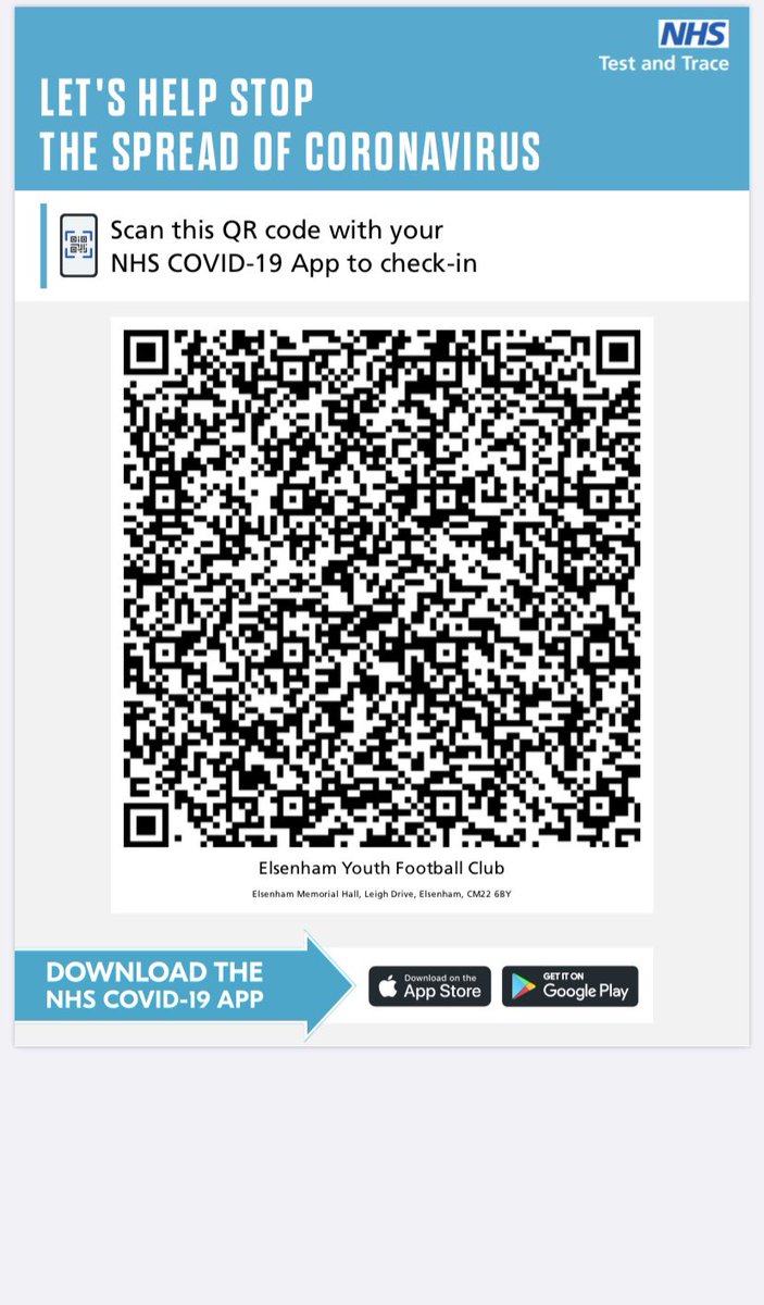 From tomorrow, anyone aged 18 or over attending Elsenham Rec for football MUST sign in using the NHS Test and Trace app by scanning the QR code, which will be displayed around the ground. Those unable to do so must supply their contact details to a club official on arrival.