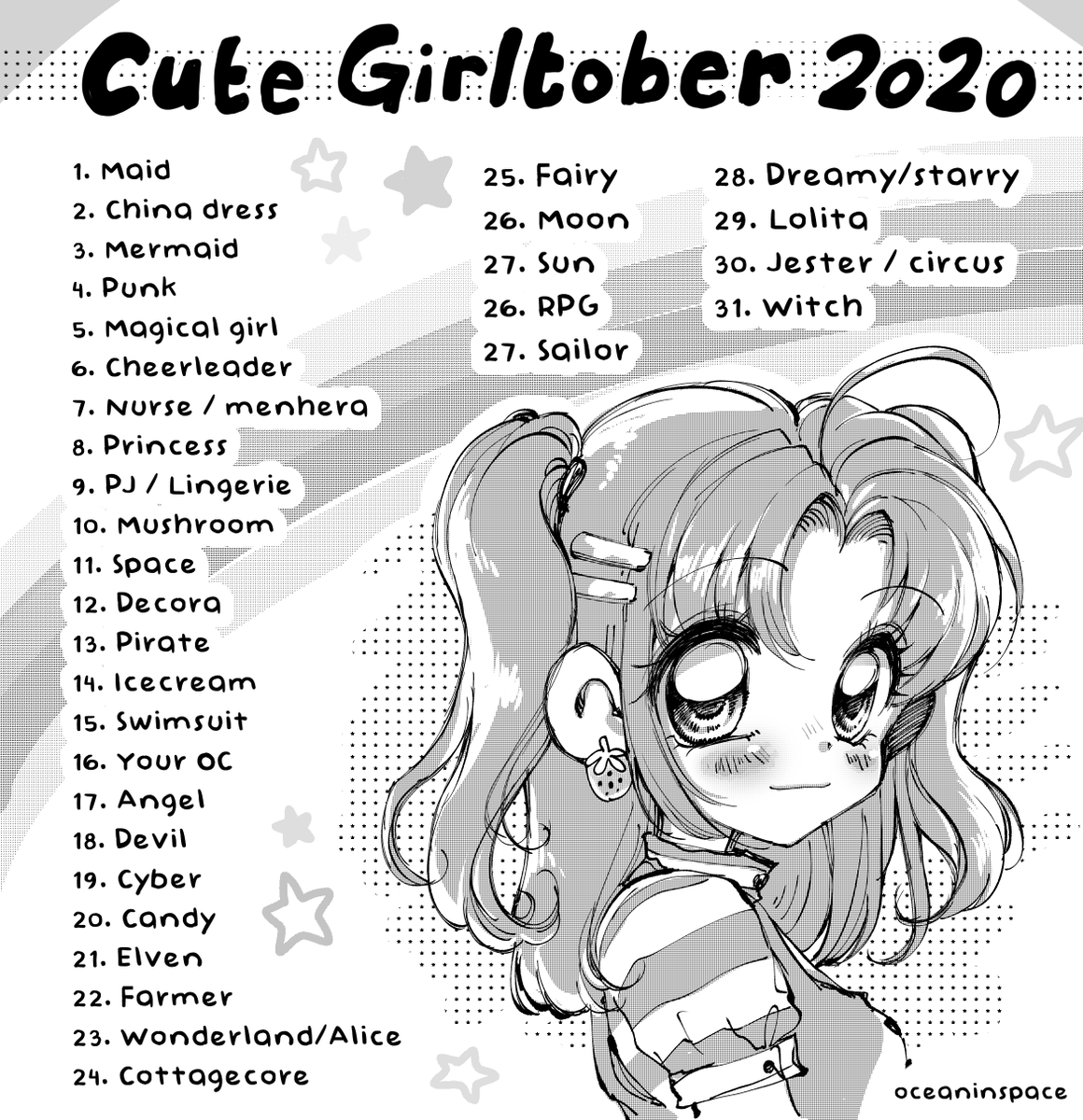 ⭐️Cute Girltober 2020⭐️ list is here!!!!
Recycled a couple from last year, but most are new!
You're free to use whatever medium you want; follow along as much as you want, and interpret the list any way you wish❤️
The official hashtag is #cutegirltober! Have fun!!