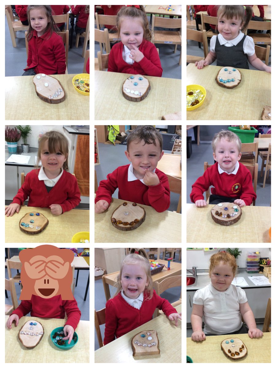 CoedEvaYearN's tweet photo. We had lots of fun making faces using different coloured glass stones today! We also played outside to get plenty of exercise and made necklaces when practising our threading!😀👍👏 https://t.co/SY9koXnet2