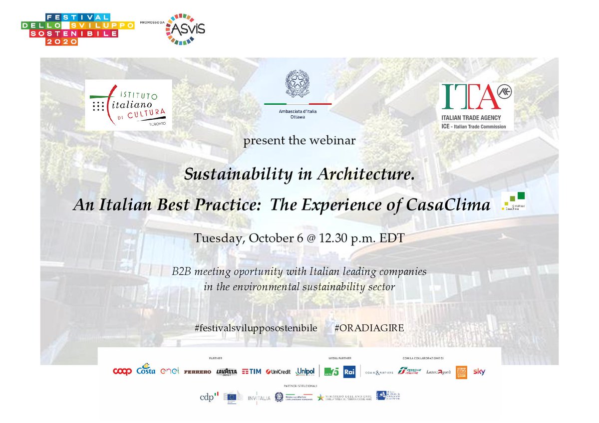 ItalyinCanada's tweet photo. Join us on 🗓️ 6/10 @ 12:30 pm EDT ⏰ at the #festivalsvilupposostenibile in a conversation with @UmbertoBerardi &amp; #UlrichSanta, and learn about #sustainable #architecture🏗️🌳🏘️ promoted by 🇮🇹 @ClimateHouse
More ℹ️ 👉🔗https://t.co/Z1RJuDe7gk
E' #ORADIAGIRE! 🇮🇹 
#Agenda2030 #SDGs https://t.co/IOWrRL8mWW