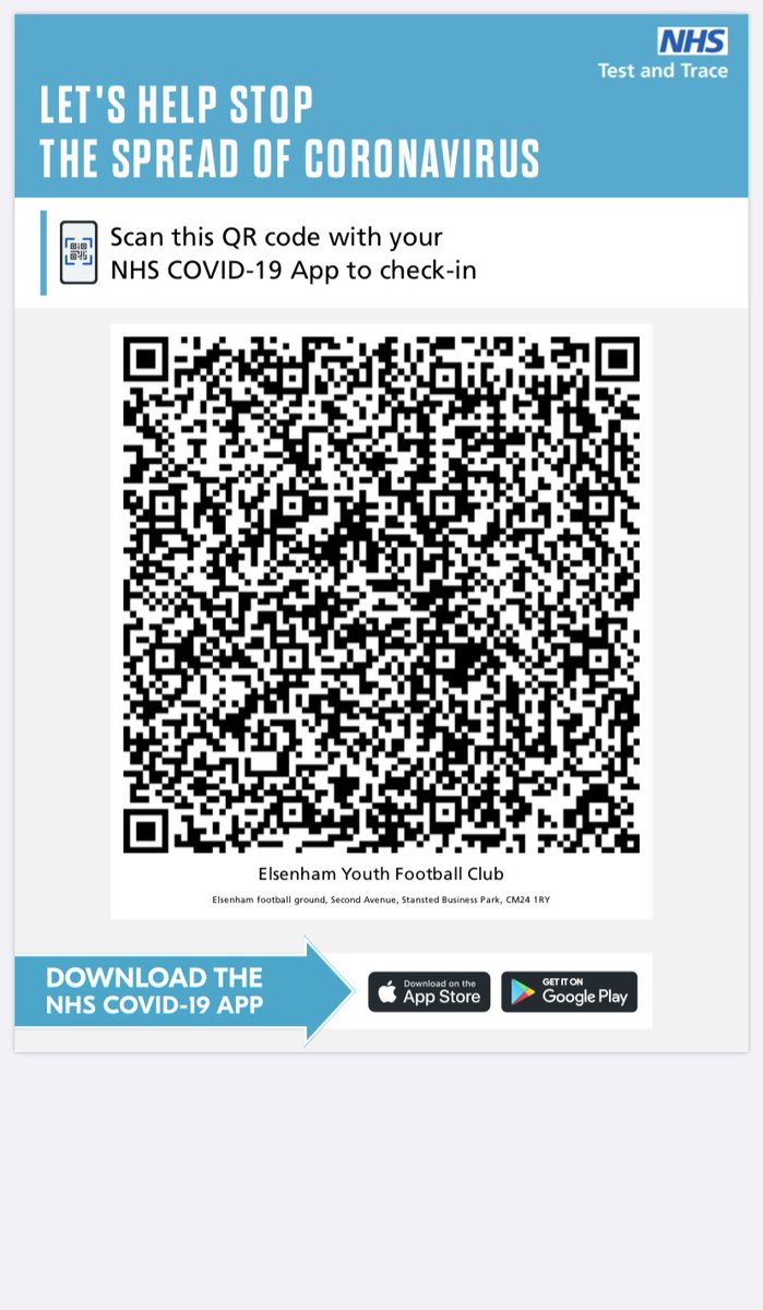 From tomorrow, anyone aged 18 or over attending our Stansted Airport facility MUST sign in using the NHS Test and Trace app by scanning the QR code, which will be displayed around the ground. Those unable to do so must supply their contact details to a club official on arrival.