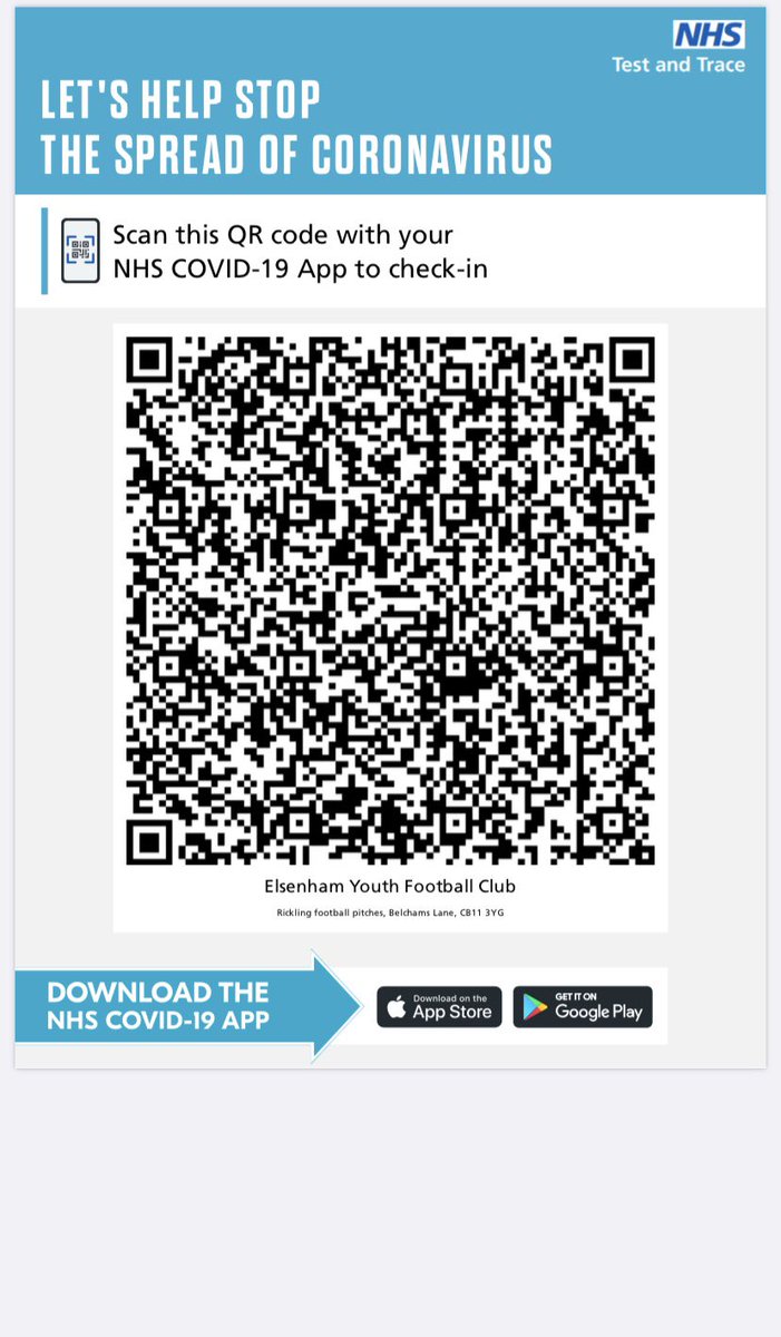 From tomorrow, anyone aged 18 or over attending our mini pitch at Rickling MUST sign in using the NHS Test and Trace app by scanning the QR code, which will be displayed around the ground. Those unable to do so must supply their contact details to a club official on arrival.