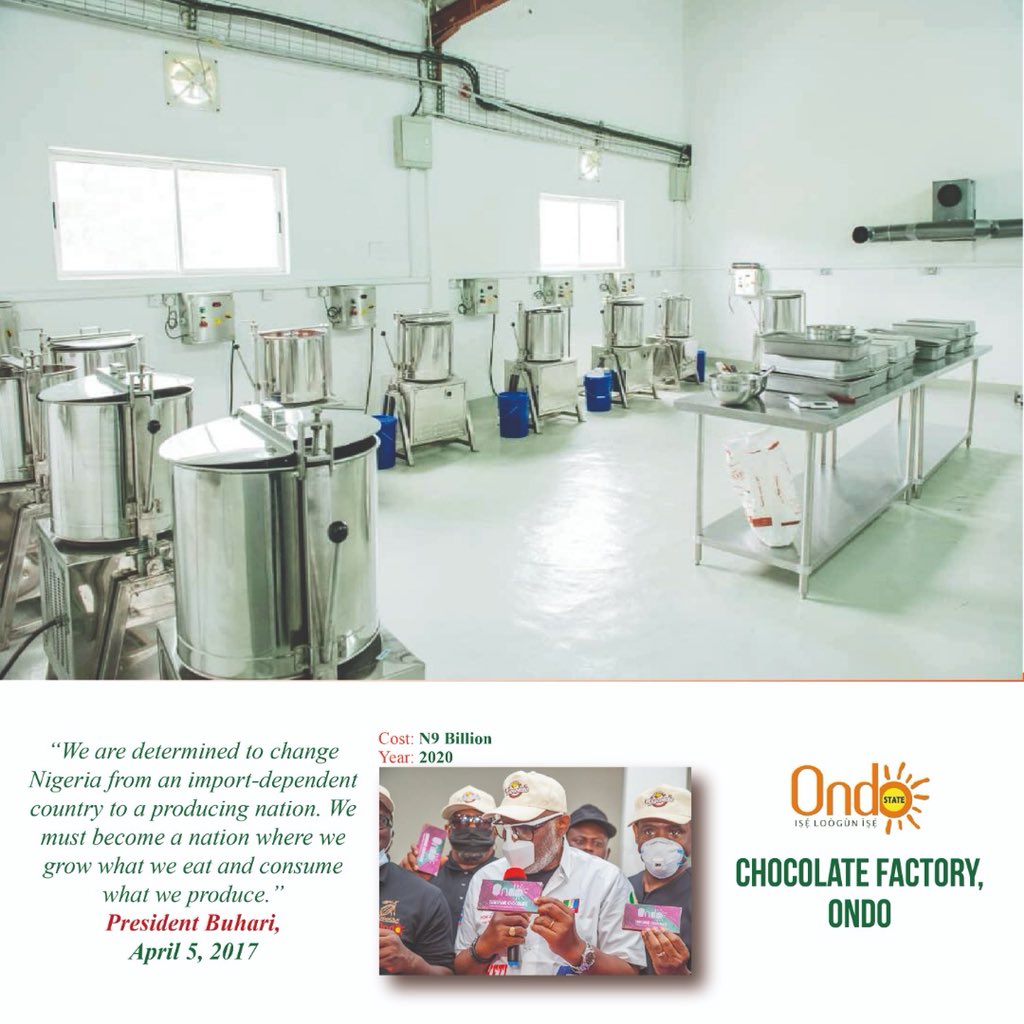 In Ondo State, Nigeria’s leading grower of cocoa, a 9 billion Naira Chocolate Factory has just been commissioned in September 2020, with the capacity to produce 2.8 million tonnes of chocolate per annum.