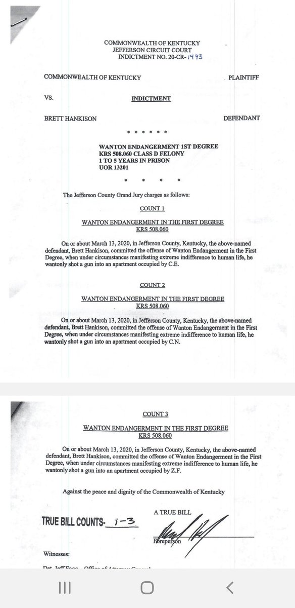 RylandKY's tweet image. To be clear, the wanton endangerment charges against Hankison are for endangering neighbors--not Taylor-- because bullets ended up in neighbors' apartments. Indictments below