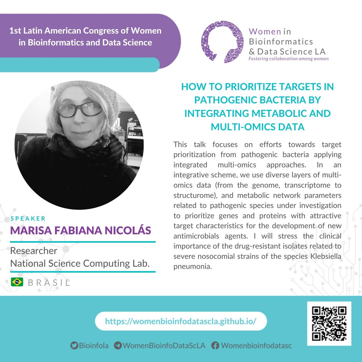 WBDSLA's tweet photo. 📣Third day of the #1WBDS_LA
🎙️Now it's time to listen to #MarisaNicolás with her talk “How to prioritize targets in pathogenic bacteria by Integrating metabolic and multi-omics data”
Youtube link: https://t.co/MyDy95yojJ
#GenomicsAndEvolution https://t.co/brTMgX4T87