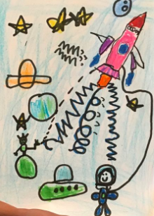 MsBeatriceSD735's tweet photo. This project is inspired by the book Tiny Little Rocket by @R_Collingridge. Students read the book together, created their own rockets, and added a variety of lines to show their rocket zooming through space! 🪐✏️💙🖍️🚀 @Skokie735 #itStartsWithArt #BetterTogether735 https://t.co/INKL4OgCNP