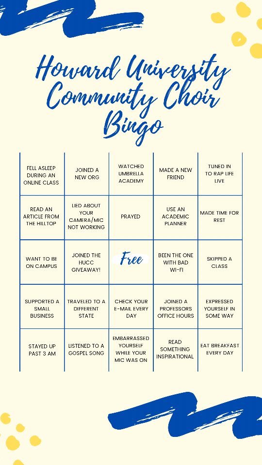 HUCC_1989's tweet photo. How is your semester going so far?! ☺️ SWIPE for a fun HUCC bingo template and let us know on your Instagram Story! 
✨ Bingo template can also be found on our Instagram Story!
✨ Tag friends so they can play too!

#hu21 #hu22 #hu23 #hu24 #howarduniversity #hu #bison #gospelchoir https://t.co/THNtOShZqn