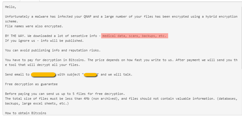 demonslay335's tweet photo. 🔒#AgeLocker #Ransomware seems to really be ramping up, targeting QNAPs exposed to the web - claim to be DXFing medical data (possible healthcare victims?). They also have a new Tor site.
🚨Everyone lock down your friggin' NASs! https://t.co/qeX78J67G0