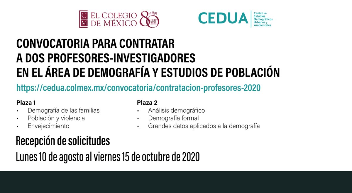 CEDUAcolmex's tweet photo. #Convocatoria para contratar a dos profesores investigadores en el área de demografía y estudios de población
Recepción de solicitudes hasta el 15 de octubre de 2020
https://t.co/CzLjPYLxY5
@elcolmex https://t.co/tRqnSTDU5L