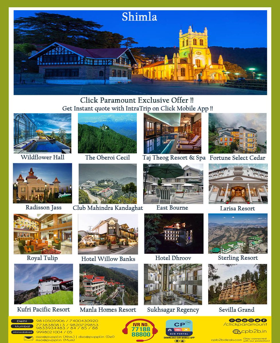 NClickparamount's tweet photo. #clickparamount #exclusive #deal #with #shimla #hotels #theoberoi #tajhotels #clubmahindra #fortune #radission https://t.co/5kOuEX3J42 https://t.co/he3KGh5QFW
