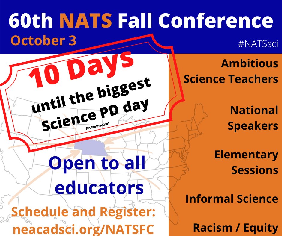 𝟭𝟬 𝗗𝗮𝘆𝘀 𝘂𝗻𝘁𝗶𝗹 𝟲𝟬𝘁𝗵 𝗔𝗻𝗻𝘂𝗮𝗹 𝗡𝗔𝗧𝗦 𝗙𝗮𝗹𝗹 𝗖𝗼𝗻𝗳
   * National Speakers
   * Elementary Sessions
   * Racism/Equity
   * Informal Sci
Full sched &amp; register at: neacadsci.org/NATSFC
#natssci #NebSci #NGSS #ngsschat <a href="/AmbScienceTeach/">Ambitious Science Teaching</a> <a href="/ASTbigideas/">Ambitious Sci Teach</a>