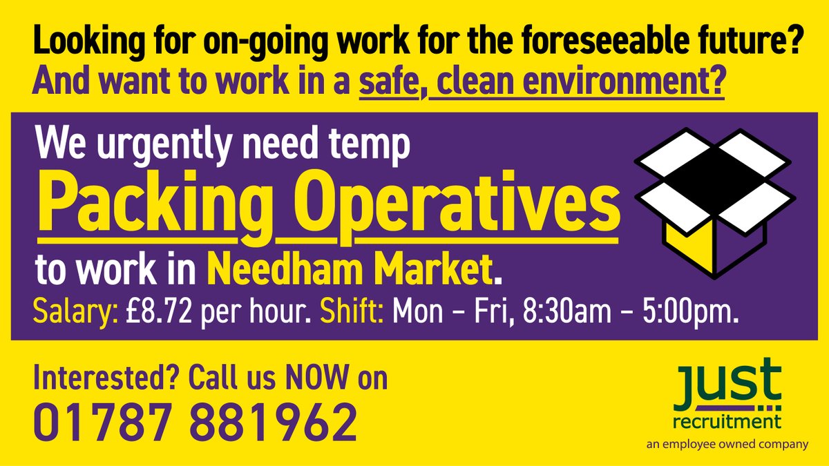 JRGLtd's tweet photo. #Packing #Operatives wanted in #NeedhamMarket, #Suffolk.

Interested? Call us NOW on 01787 881962.

#packingoperatives #temp #temps #productionoperative #productionoperatives #jobsearch #jobhunting #jobhunt #JobVacancy #jobseekers #stowmarket #ipswich @NeedhamMarketTC https://t.co/U19RU1Dee3