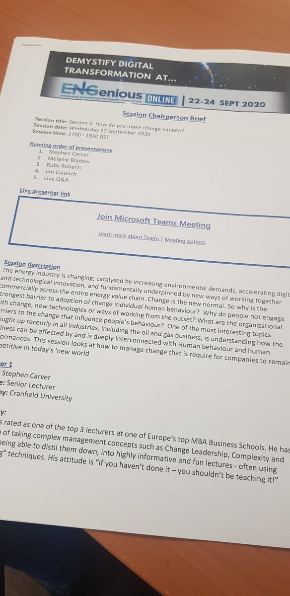 StepchangeG's tweet photo. Getting ready to chair session 5 on Change Managemnet at the  @ENGeniousEvent #ENGeniousonline with @claunch_jim and the rest of the panel. Should be fun! #DigitalTransformation #DigitalOilandGas #digitaloilfield #integratedoperations #digitalisation #remoteoperations https://t.co/gVGjldMQBK