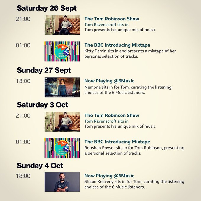 freshnet's tweet image. Am currently taking a couple of weeks’ leave from @BBC6Music and won’t be back on air again until Saturday October 10th. In the meantime my shows over the next two weekends will be covered by @tom_ravenscroft @KittyPerrin_ @nemonemetaxas @DJ_Roesh and @shaunwkeaveny