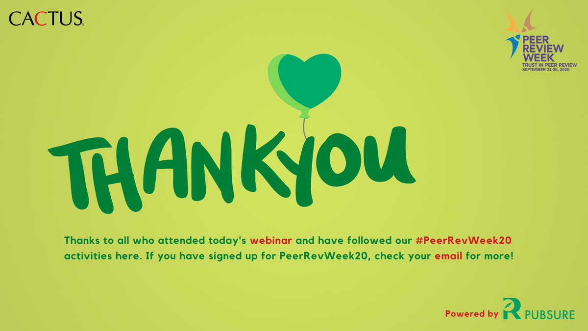 Editage's tweet photo. Thanks to all who attended today's #webinar. 🙏 If you have signed up for #PeerRevWeek20, check the daily newsletter featuring articles, expert comments, &amp; webinar updates that will come to your inbox soon! 📧

#TrustInPeerReview #Pubsure #RPubsure @Cactusglobal @ResearcherLife_ https://t.co/vs6ZFp50UF