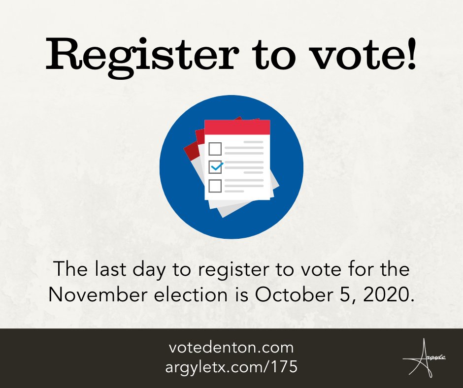 Have you registered to vote?

The last day to register is October 5, 2020. To find out if you are registered or request an application, visit bit.ly/2RQbHum

The Town of Argyle's local election information is available here bit.ly/3mL5b6C