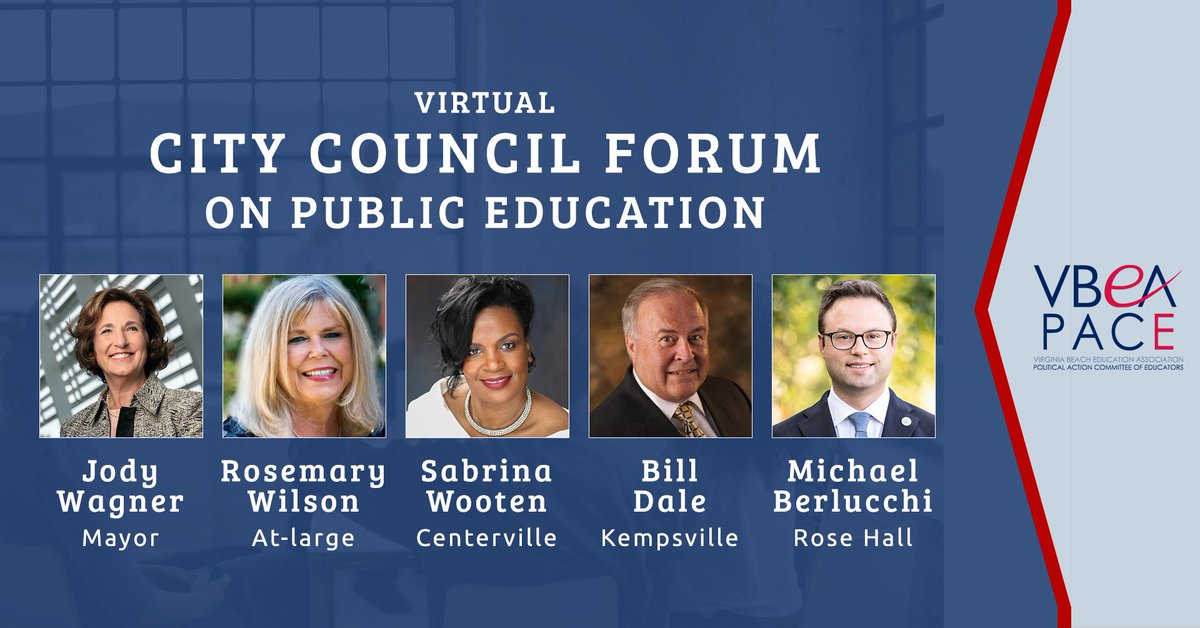 vbeapace's tweet photo. On October 8th @ 7:00 PM join VBEA PACE endorsed candidates for the Virginia Beach City Council Jody Wagner, Rosemary Wilson, Sabrina Wooten, Bill Dale, and Michael Berlucchi for a free virtual forum on public education. Register at https://t.co/oGRhOgWRZQ. https://t.co/e6cOuHcsrj