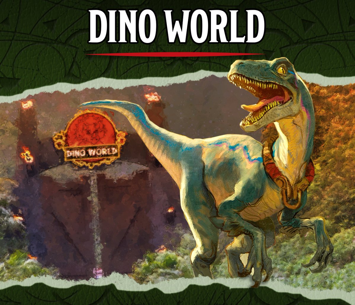 Part of an adventure cover depicting a two-legged dinosaur standing in front of a gate lit with torches. The gate has a sign that reads 'Dino World.'