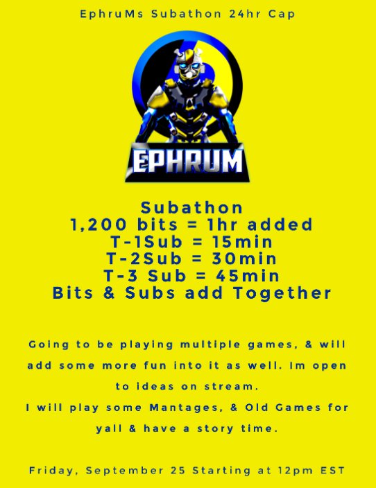 Subathon This Friday, Sep 25th! Starting @ 12pmEST Im so excited for this! Looking forward to spending a possible 24hrs w/ u guys! I have a surprise as well if we reach the 24hrCap! #Subathon #SUBtember #Twitch #24hrs #eSquad #RT #smallstreamer #Gaming #Gamer #StreamerNetwork