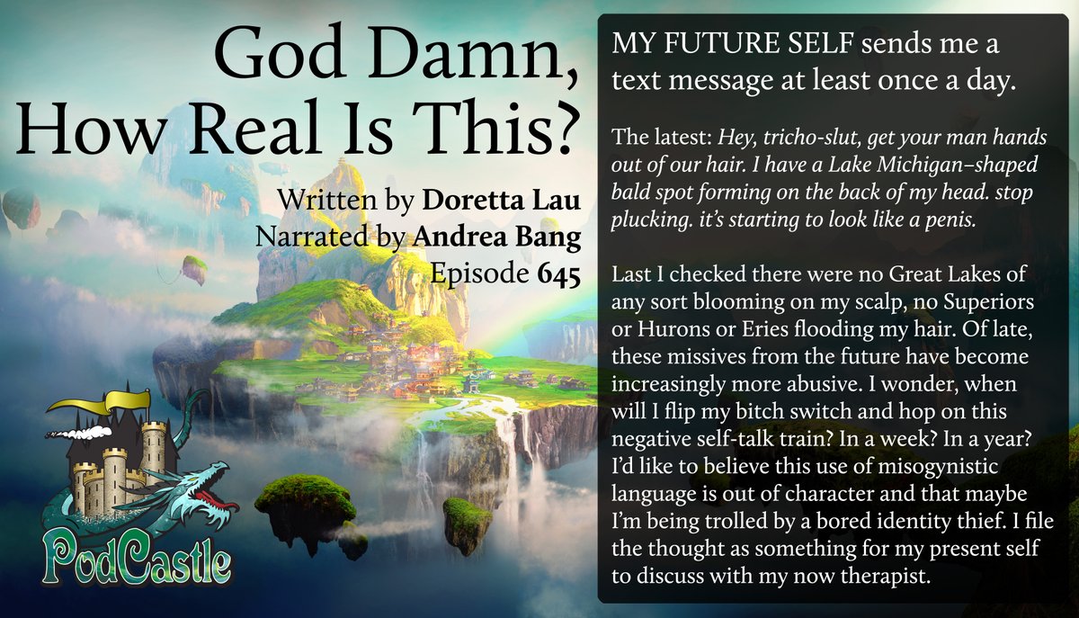 PodCastle_org's tweet photo. #pc645 GOD DAMN, HOW REAL IS THIS? by @dorettalau, narrated by Andrea Bang. Originally pub'd in the author's collection "How Does a Single Blade of Grass Thank the Sun?" from @nightwooded
This episode is excerpted from the audiobook produced by @ecwpress
https://t.co/FVisuWYMpy https://t.co/bMRKjpmxUI