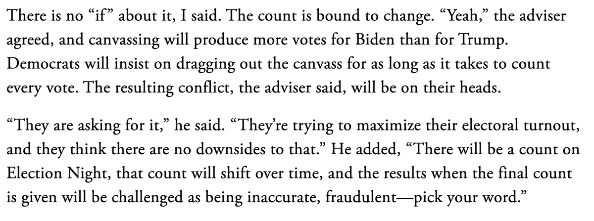 5/9 “If the Election Night results get changed because of the ballots counted after Election Day, you have the basic ingredients for a shitstorm,” a legal adviser to Trump’s national campaign tells Gellman.