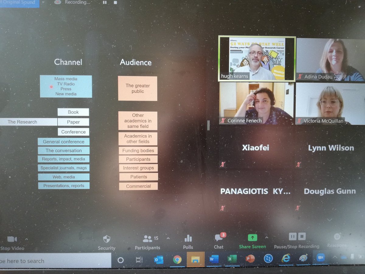 From  @ithinkwellHugh, we learned to match the target audience for our research with most appropriate channels available to reach them. Very valuable lesson in communicating research impact. But also micro-tools when dealing with the media and creating one's 3-min pitch!