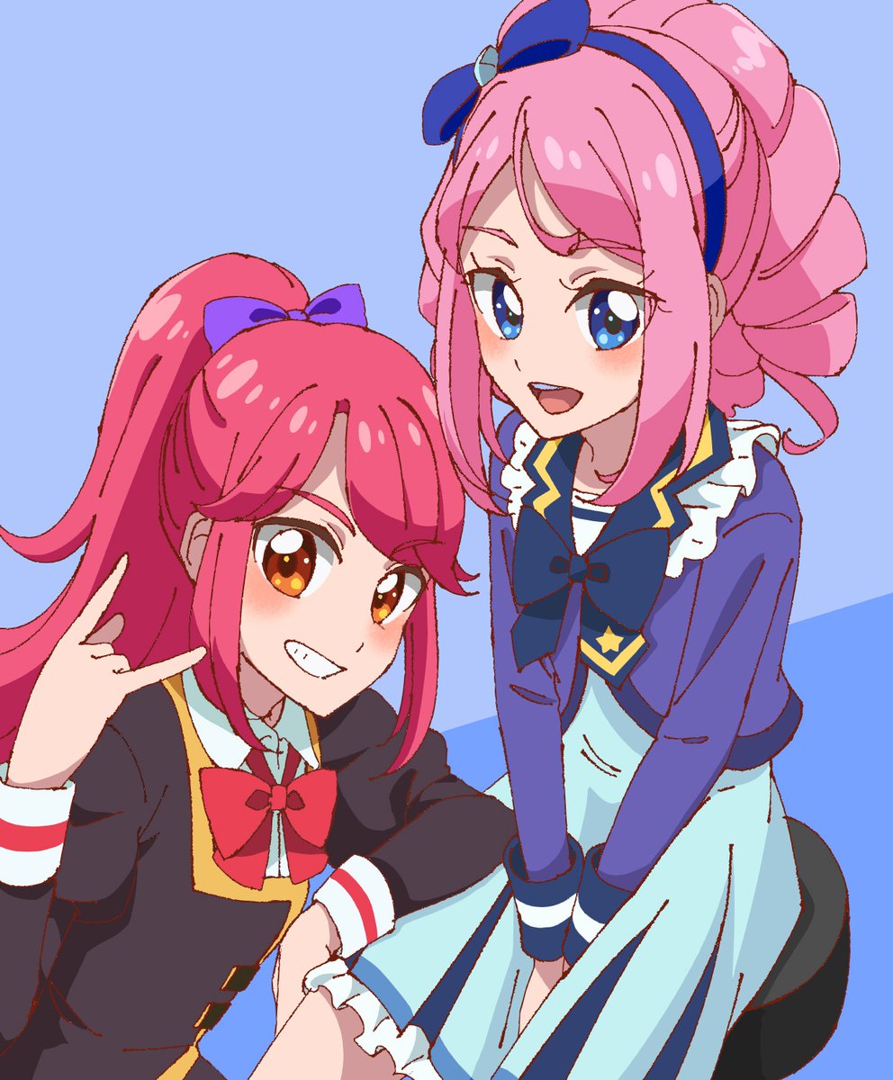 2girls multiple girls bow smile pink hair school uniform hair bow  illustration images