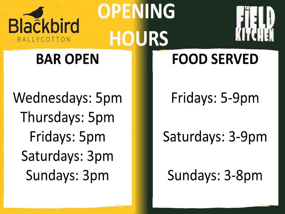 We are delighted to announce our new opening hours for the bar as well as The Field Kitchen.
 
We do have guidelines to adhere to. Table service will be in operation &amp; face coverings should be worn unless you are seated.

We are #nowopen &amp; look forward to seeing you all.