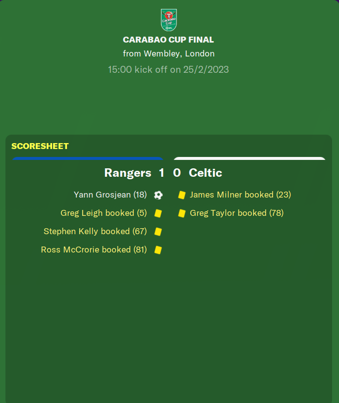 I can't believe it  both Rangers and Celtic have got to the League Cup final. In what can only be described as a battle, Rangers are the first team to win silverware in England!!! Unbelievable scenes in their first season in the Prem.