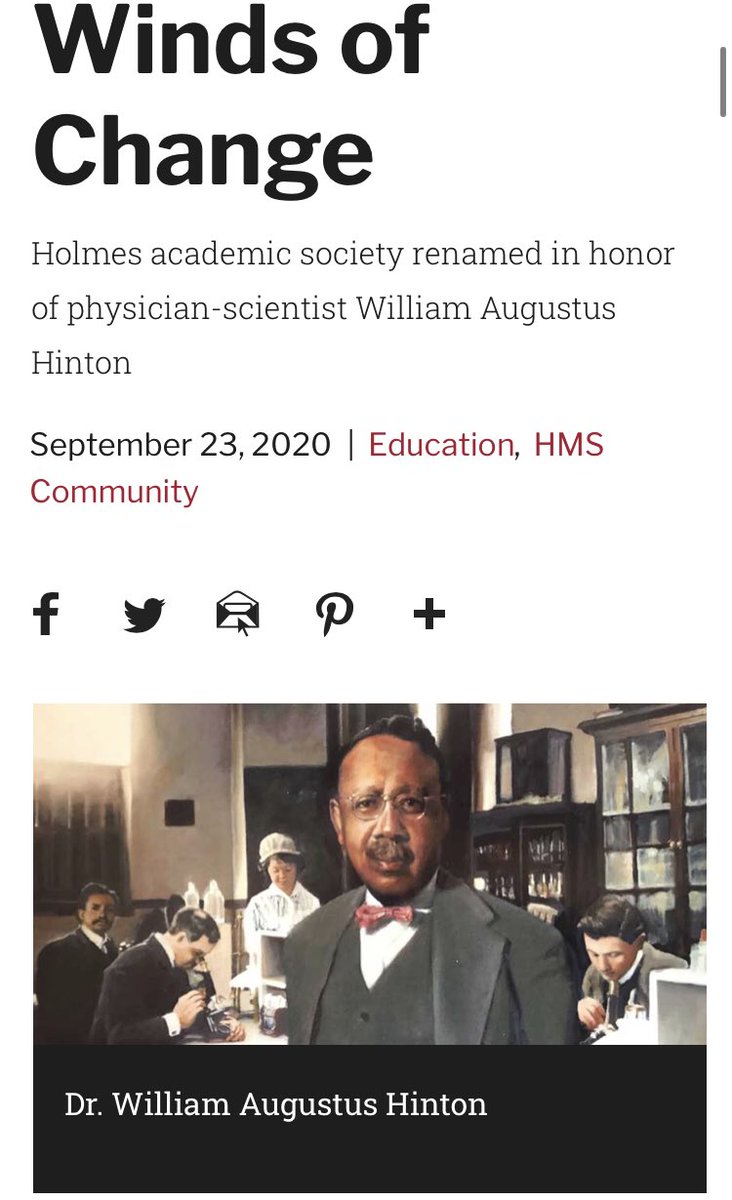 LashNolen's tweet photo. So excited to announce that the Holmes Society will now be known as the HINTON Society! Named for Dr. William Augustus Hinton, the first Black full professor at Harvard and @harvardmed. 

First let me say, student advocacy makes a difference y’all.✊🏾

https://t.co/2wWdIMtKTO

1/ https://t.co/vz7rxyR5iz