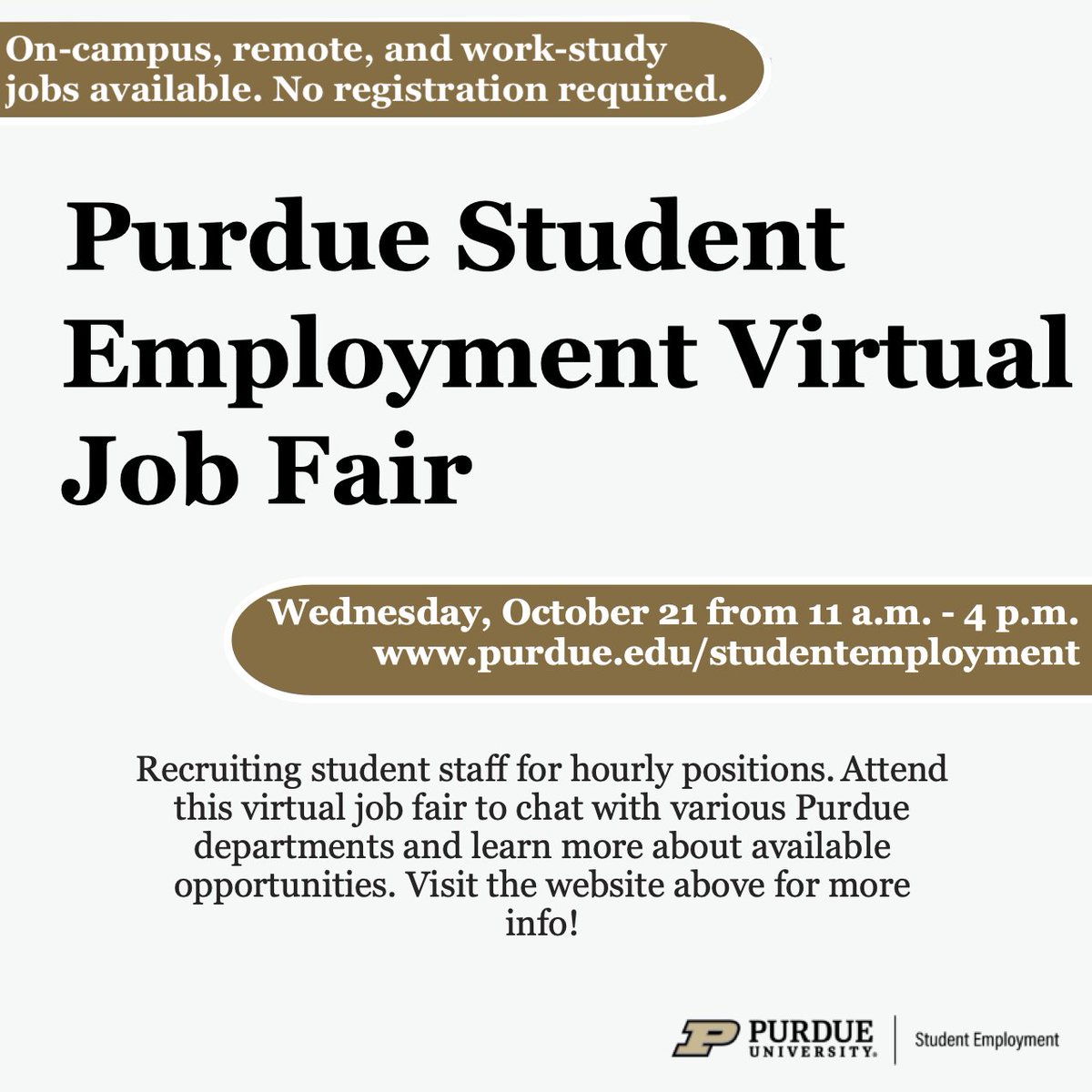 Looking for a job during school? 💼 Attend the virtual job fair hosted by Purdue Student Employment for on-campus, remote, and work-study opportunities.

👉 Visit purdue.edu/studentemploym… for instructions on how to attend. Registration is NOT required.