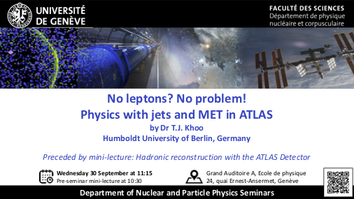 DPNC_Unige's tweet photo. Next at #DPNC_Seminars for the autumn semester, a seminar on physics with Jets &amp; MET in the  @ATLASexperiment by T.J. Khoo (@CodeMonkey8).

30/9/2020, 11:15, Ecole de Physique, UniGe.

Pre-seminar mini-lecture on hadronic reconstruction with 
@ATLASexperiment, starting at 10:30! https://t.co/ybh7L81CGK