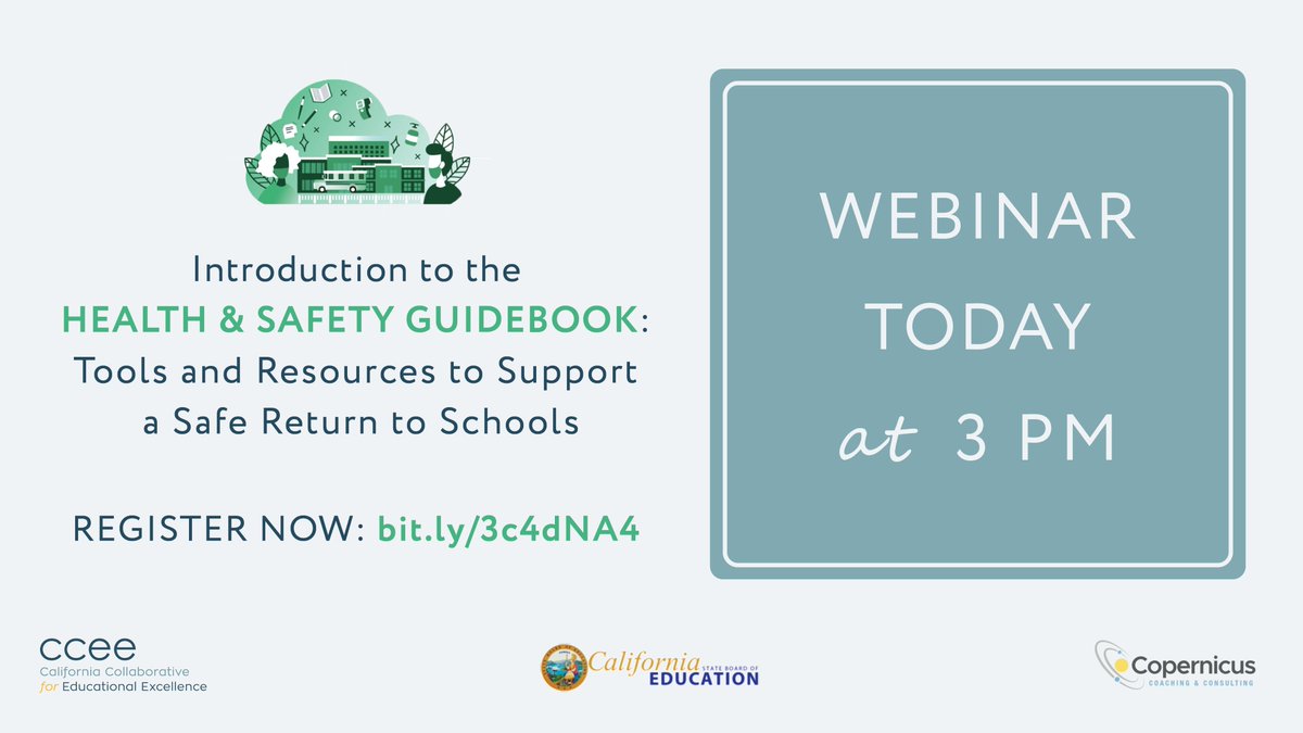 Did you register yet? Join CCEE, @LDH_ed, & @TeamCopernicus TODAY @ 3PM for an introductory webinar on the Health & Safety Guidebook. Learn about the tools and resources available to support a safe return to school. REGISTER NOW: bit.ly/3c4dNA4