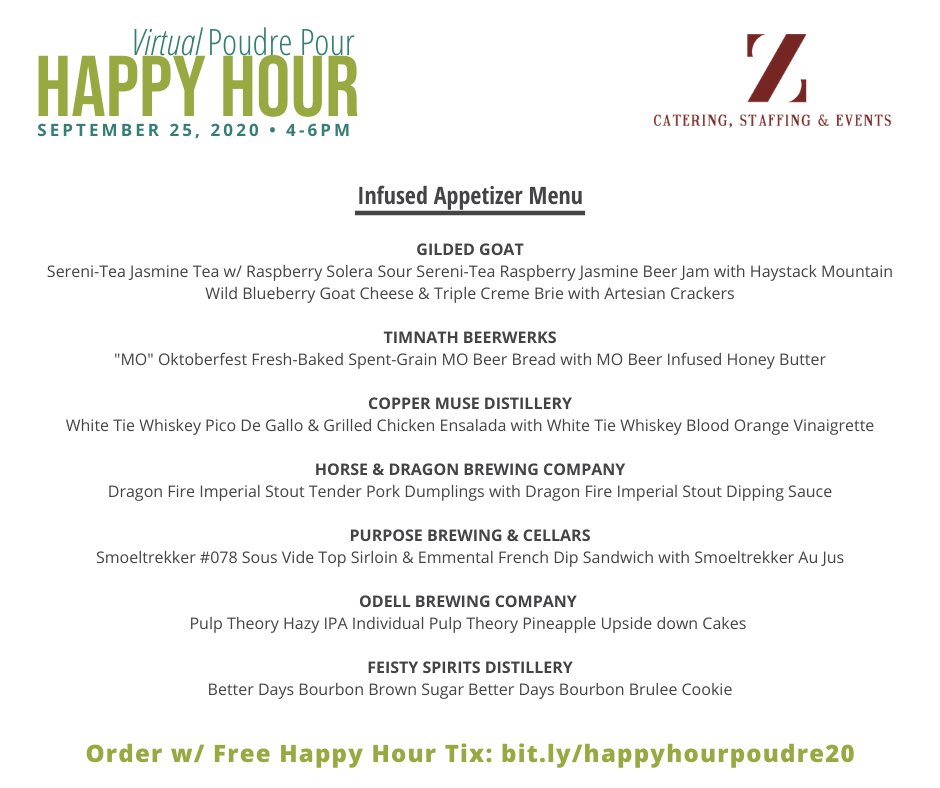 Last day to purchase your to-go apps for the Virtual Poudre Pour Happy Hour on Fri., Sept. 25! The menu looks incredible, featuring @OdellBrewing @purposebrewing @FeistySpirits @GildedGoatBrew @HorseDragonBrew @thecoppermuse eventbrite.com/e/virtual-poud… #poudreriver #poudreheritage