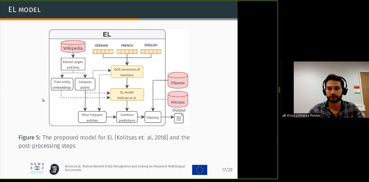 jgmorenof's tweet image. kudos to @EmanuelaBoros and @Elvys60860616 who just presented our work at #HIPE #CLEF2020 full description of the system in wn paper dei.unipd.it/~ferro/CLEF-WN… @NewsEyeEU @embeddiaproject