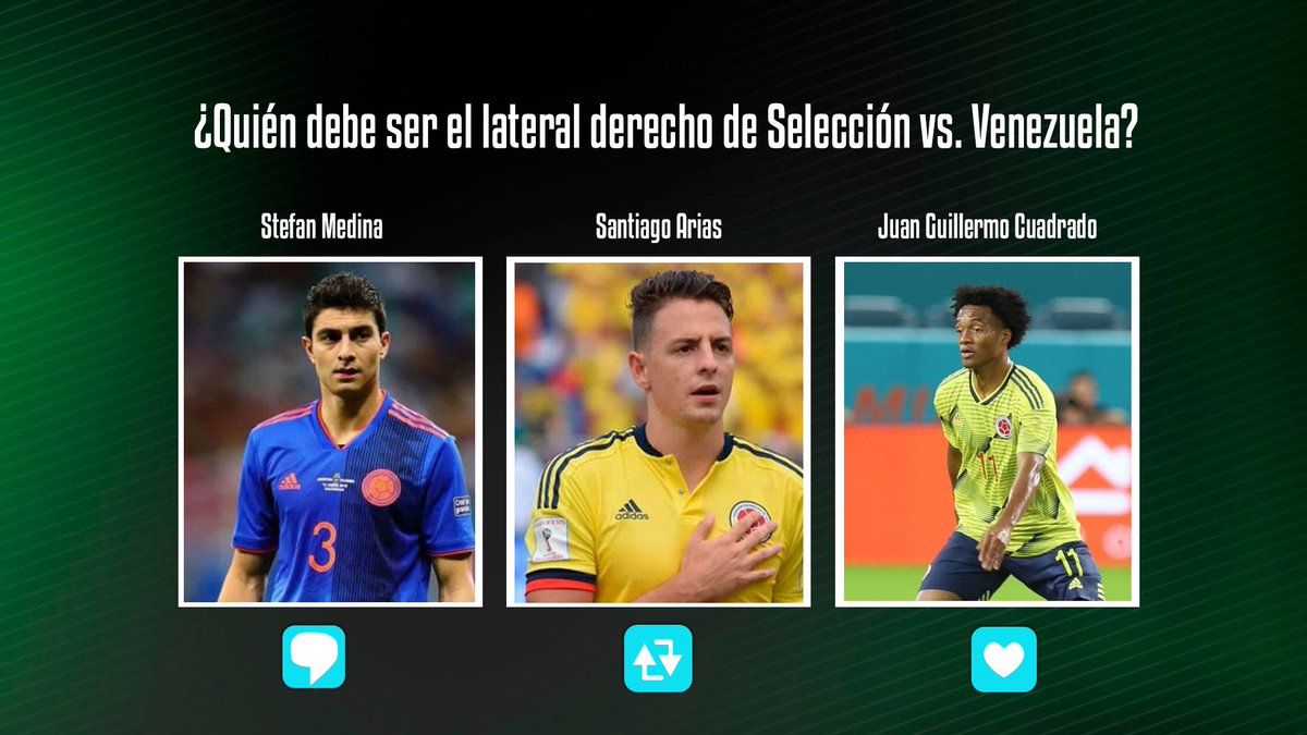 ESPNColombia's tweet photo. Se acerca la eliminatoria y empieza la controversia

¿Quién será el elegido? @AndreaGuerreroQ, @andresmarocco, @DanielAnguloR, @RICHENAO, @JulianCaperaB, @Maomolina11, @FabianVargas6, @carlosvaldes5 

💬 Por Stefan Medina

🔄 Por Santiago Arias 

 ❤  Por Juan Guillermo Cuadrado https://t.co/RkzfnVtEnv