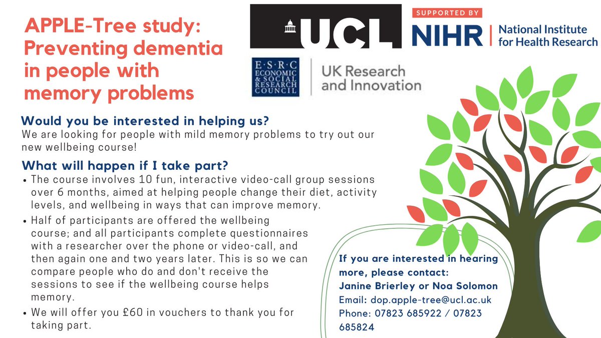 The APPLE-Tree Study (@apple_treestudy) on Twitter photo We are now recruiting for our APPLE-Tree study! If you have problems with your memory and are interested, please email dop.apple-tree@ucl.ac.uk or phone one of our research assistants on 07823 685922 or 07823 685824. <a href="/ThirdAgeProject/">Third Age Project</a> <a href="/HeraPartnership/">The Hera Project</a> @elizabethhove <a href="/NELFTResearch/">NELFT Research & Development</a> We are now recruiting for our APPLE-Tree study! If you have problems with your memory and are interested, please email dop.apple-tree@ucl.ac.uk or phone one of our research assistants on 07823 685922 or 07823 685824. <a href="/ThirdAgeProject/">Third Age Project</a> <a href="/HeraPartnership/">The Hera Project</a> @elizabethhove <a href="/NELFTResearch/">NELFT Research & Development</a>