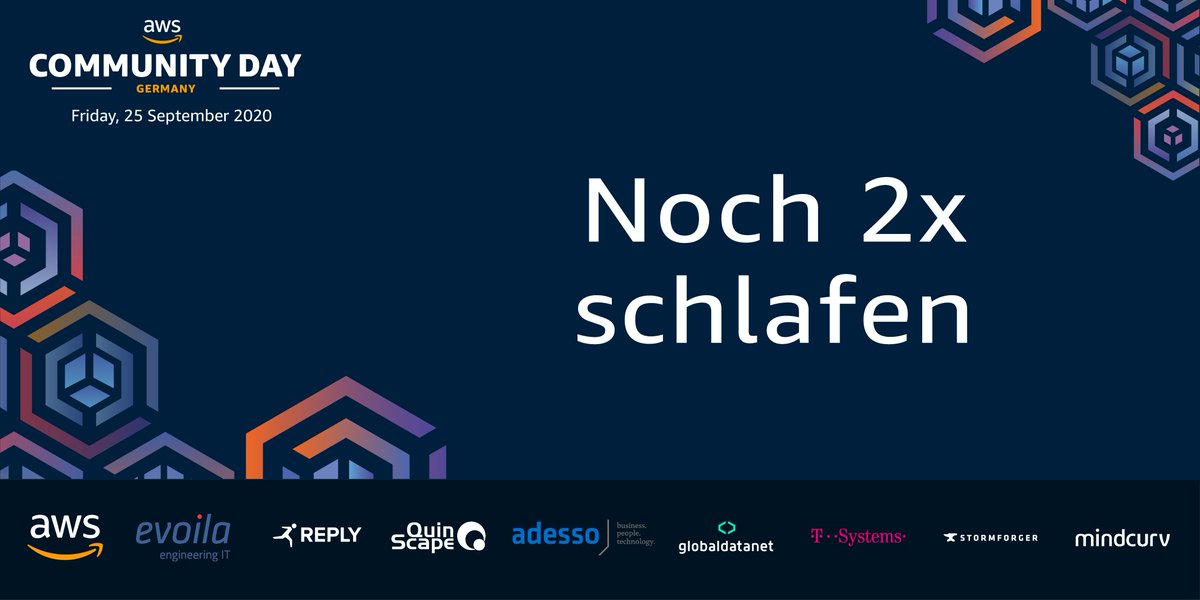 AWSCommunityDE's tweet photo. Nur noch zwei Mal schlafen, dann findet der AWS Community Days 2020 statt.
Natürlich könnt ihr euch auch noch anmelden:
https://t.co/t7shOg2AfL

Wir freuen uns auf euch!

#AWS #Community #AWSCommunityDay https://t.co/xUurFLRqAW