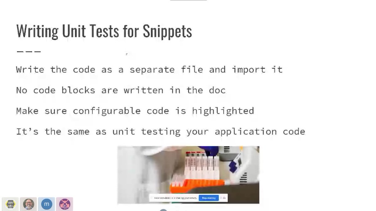 APItheDocs's tweet image. Writing #UnitTest for Snippets: @FlippedCoding explains how to ensure that none of the code in your #docs will be out of date. #APItheDocsVirtual