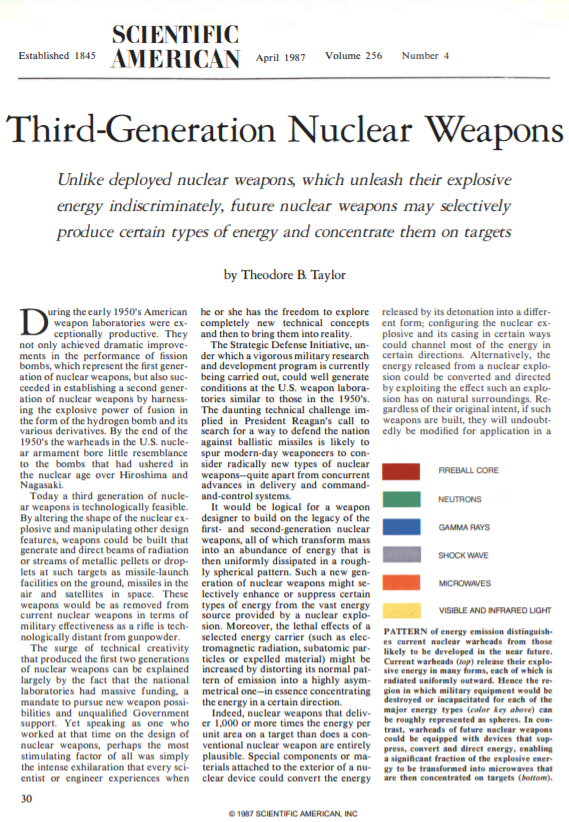 Ted Taylor in his 1987 SciAm article writes residual radiation can “be controlled over very wide ranges” but adds “particulary for thermonuclear weapons with yields greater than a few hundred kilotons” ignoring fact 3rd-gen RRR weapon w/MUCH smaller yield already exists!44/