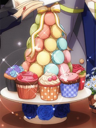 Yuki got a macaron tower!I've never had macarons before either umuI am looking at the Mezzo coloured cupcake and the rabbit cupcake with heart eyesOkay but the rose cupcake is kiiinda pink and green. Sorry I can't look at pink and green without thinking Re:vale
