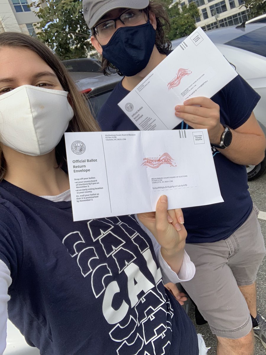 _allybenji's tweet photo. Guess what? Voting in North Carolina is EASY &amp; CONVENIENT! Take it from me &amp; @BrennanSteele7 — it took >10 mins to dropoff our ballots today. 

And don’t forget to vote w/ friends! Not only will you increase turnout; you need a friend to sign your ballot as a witness #FirstinVote https://t.co/RXLd3GoLxo