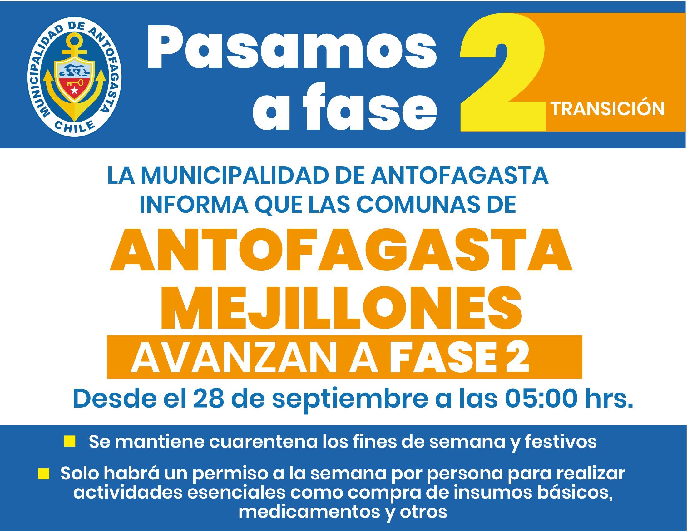 Muni Antofagasta On Twitter A Partir Del Proximo Lunes 28 De Septiembre Antofagasta Y Mejillones Pasan A Fase 2 Hacemos El Llamado A Mantener Todas Las Medidas De Autocuidado Queremosquetecuides Https T Co Gvgpe37uig