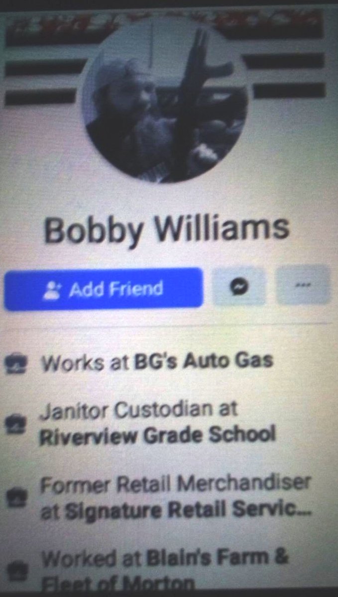 To recap, Robert Michael "Bobby" Williams poses w guns, posts pics of dead & injured  #kenosha protesters, lionizes  #KyleRittenhouse & is member or supporter of  #BoogalooBoysHe works for Riverview Elem in Peoria IL as a janitor & we gotta ask: should this man be around kids?