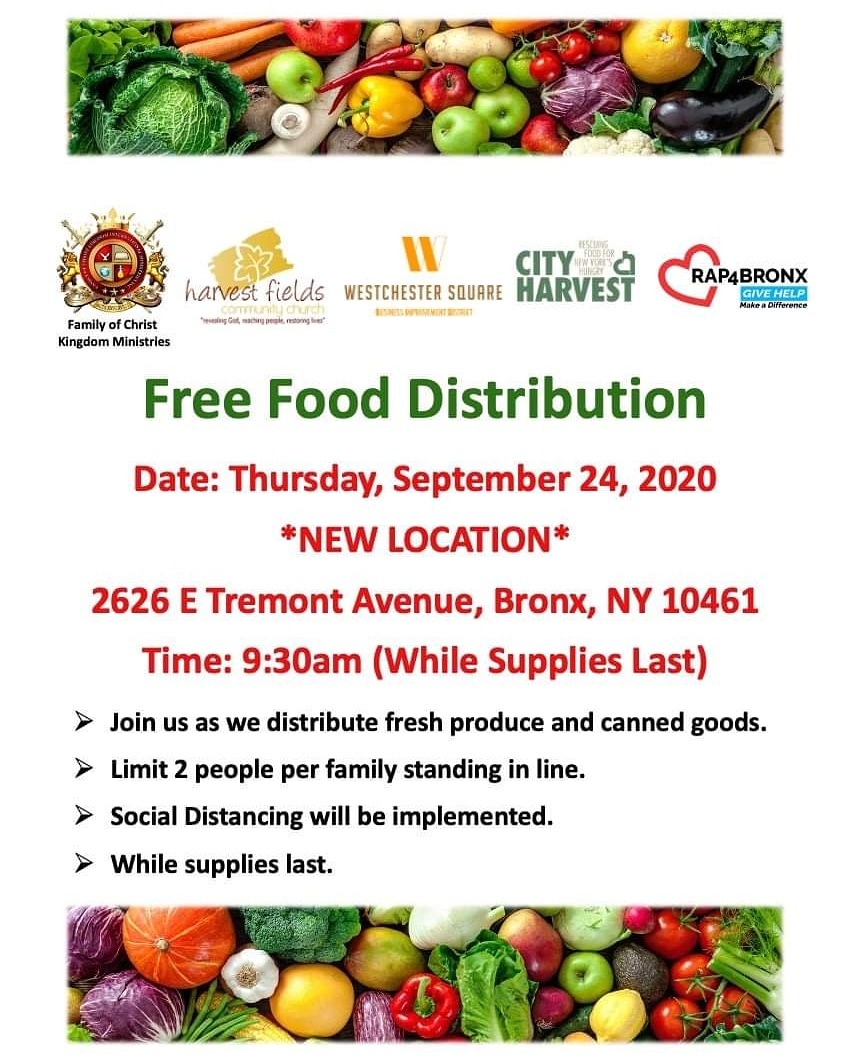 WSBID's tweet image. If you or someone you know is in need of food, be sure to join us tomorrow morning for a free food distribution.  Please note the new address of the distribution will be in front of Harvest Fields Community Church located at 2626 E Tremont Ave.  See attached flyer for details.