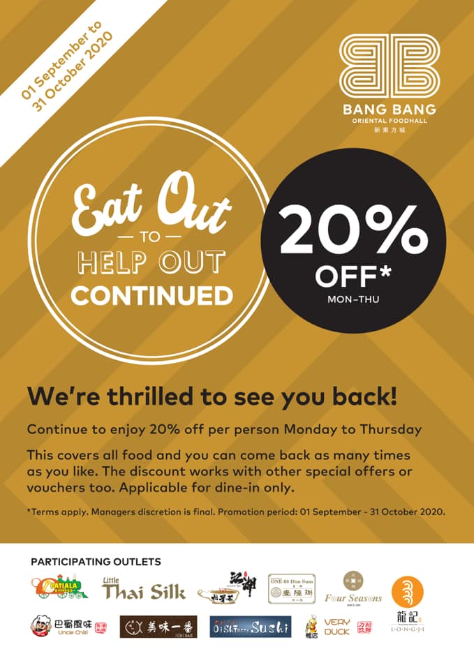 Enjoy 20% off at Bang Bang Oriental every Monday - Thursday throughout September and October (T&amp;Cs Apply). 

For more information: bangbangoriental.com/event/20-off-s…